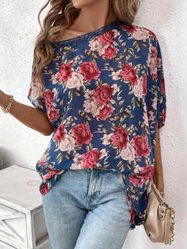 Camisa de manga murcielago con cuello asimetrico y estampado floral para mujer en verano