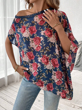 Camisa de manga murcielago con cuello asimetrico y estampado floral para mujer en verano