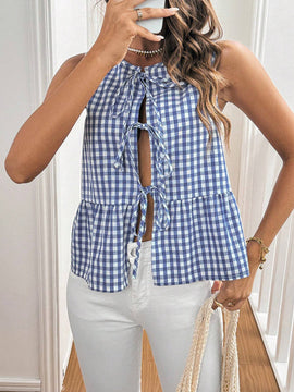 Frenchy Camisa sin mangas de verano para mujer con estampado a cuadros casual y cordon en el frente