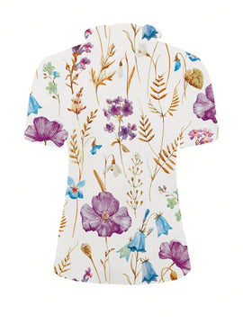 Camisa casual de manga corta simple para mujer con estampado de flores