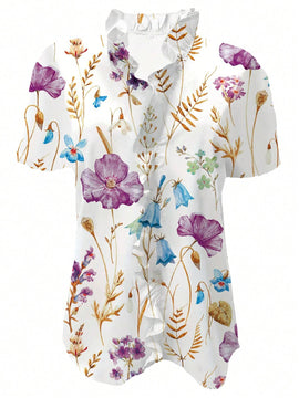 Camisa casual de manga corta simple para mujer con estampado de flores
