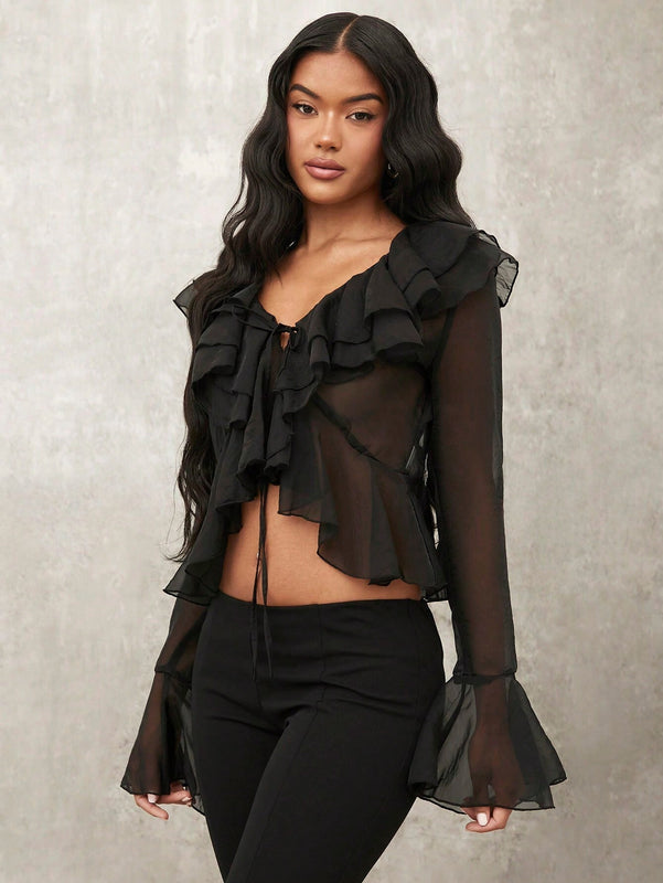 Blusa de gasa para mujer con ribete de volantes, decoracion de lazo y mangas abombadas, elegante para vacaciones de verano, citas, fiestas en la piscina y atuendos casuales
