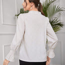 Top largo texturizado de manga larga para mujer con lazo frontal plisado de encaje, simple y casual, perfecto para vacaciones