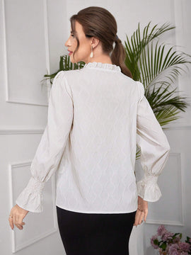 Top largo texturizado de manga larga para mujer con lazo frontal plisado de encaje, simple y casual, perfecto para vacaciones