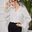 Top largo texturizado de manga larga para mujer con lazo frontal plisado de encaje, simple y casual, perfecto para vacaciones