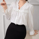 Top largo texturizado de manga larga para mujer con lazo frontal plisado de encaje, simple y casual, perfecto para vacaciones