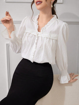 Top largo texturizado de manga larga para mujer con lazo frontal plisado de encaje, simple y casual, perfecto para vacaciones