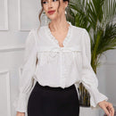Top largo texturizado de manga larga para mujer con lazo frontal plisado de encaje, simple y casual, perfecto para vacaciones