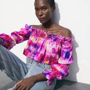 Blusa corta con estampado floral, hombros descubiertos y ribete de volantes para mujer, ideal para vacaciones