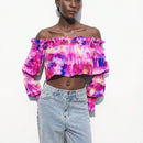 Blusa corta con estampado floral, hombros descubiertos y ribete de volantes para mujer, ideal para vacaciones
