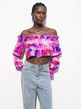 Blusa corta con estampado floral, hombros descubiertos y ribete de volantes para mujer, ideal para vacaciones