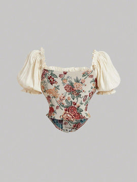 Camisa de verano para mujer ajustada con estampado floral sin mangas y mangas cortas con efecto de falso dos piezas