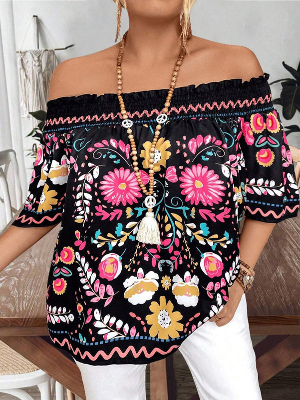 Blusa fruncida de ajuste holgado con estampado floral