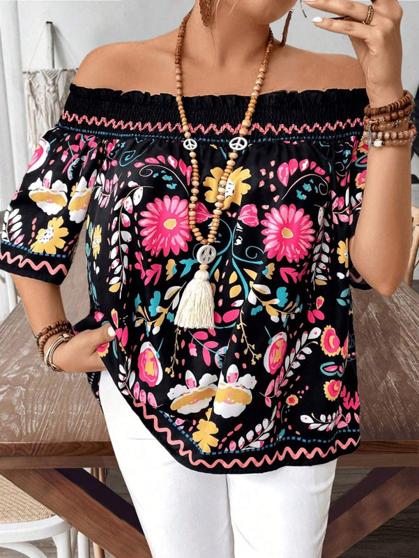 Blusa fruncida de ajuste holgado con estampado floral