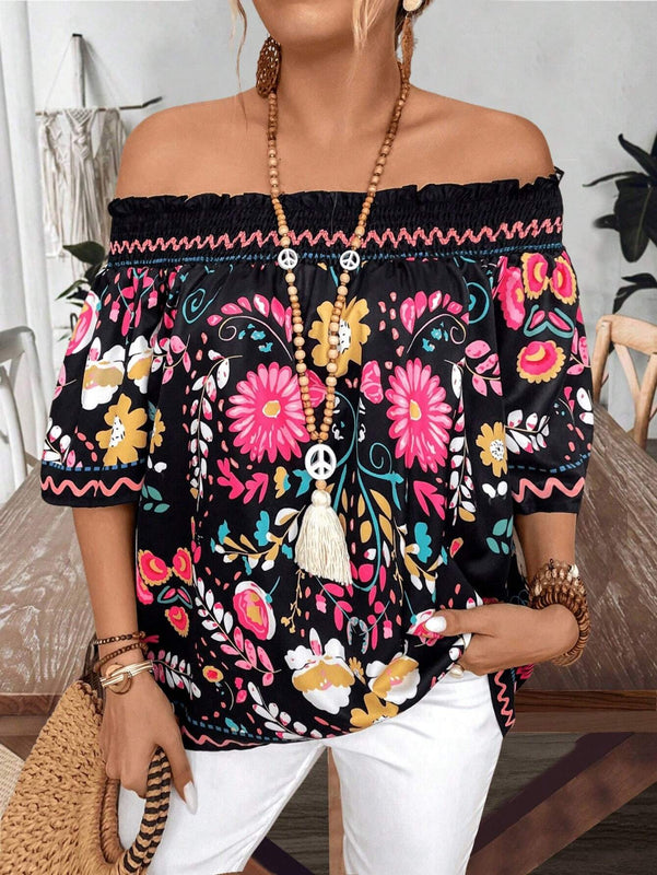 Blusa fruncida de ajuste holgado con estampado floral