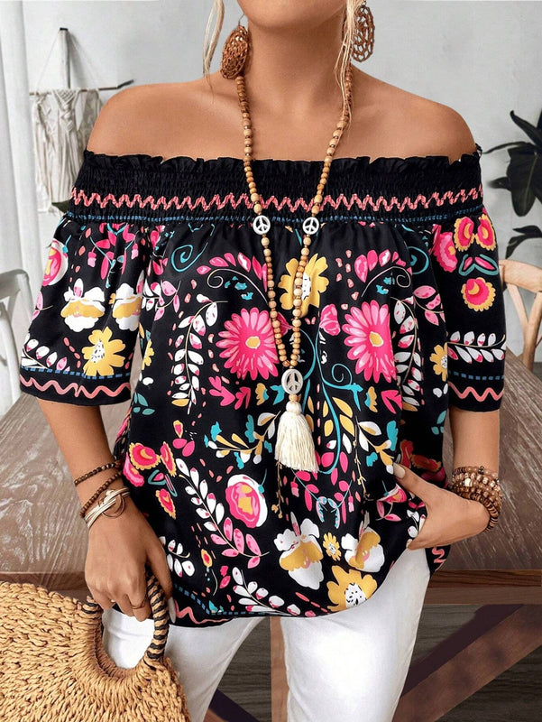 Blusa fruncida de ajuste holgado con estampado floral