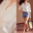 MOTF PREMIUM Blusa De Encaje De Panel De Cuello De Lazo Con Flecos De Lino Puro