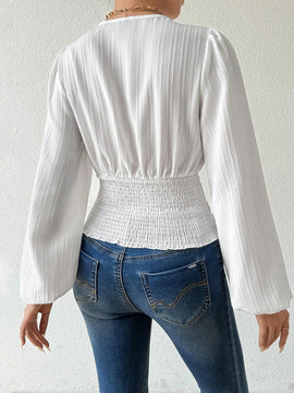 Camisa de manga abullonada de cuello en V estilo frances para mujer