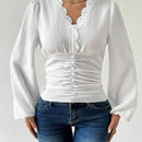 Camisa de manga abullonada de cuello en V estilo frances para mujer