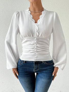 Camisa de manga abullonada de cuello en V estilo frances para mujer