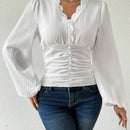 Camisa de manga abullonada de cuello en V estilo frances para mujer