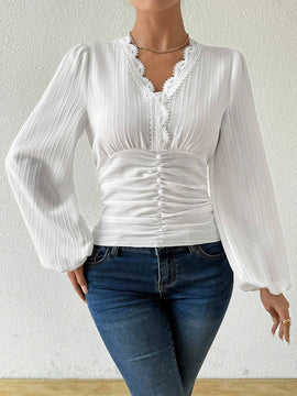 Camisa de manga abullonada de cuello en V estilo frances para mujer