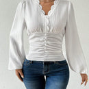 Camisa de manga abullonada de cuello en V estilo frances para mujer
