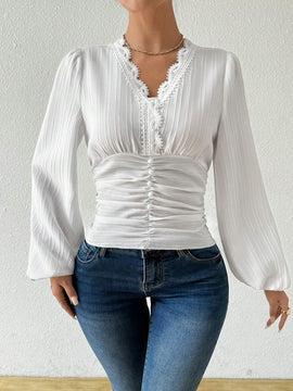 Camisa de manga abullonada de cuello en V estilo frances para mujer