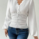 Camisa de manga abullonada de cuello en V estilo frances para mujer
