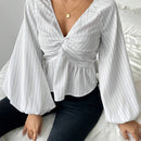 Camisa casual de manga de linterna retorcida con rayas para mujer, primavera y otono