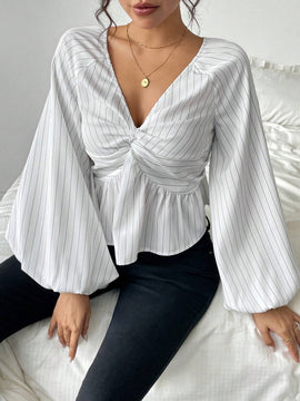 Camisa casual de manga de linterna retorcida con rayas para mujer, primavera y otono