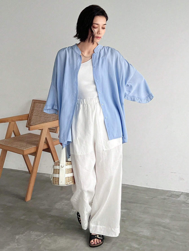 FRIFUL Blusa de encaje plisada con mangas murcielago y botones frontales para mujer, uso casual y diario