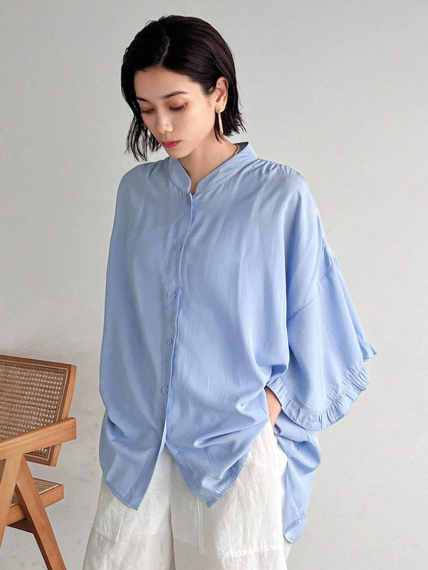 FRIFUL Blusa de encaje plisada con mangas murcielago y botones frontales para mujer, uso casual y diario