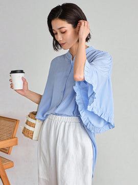 FRIFUL Blusa de encaje plisada con mangas murcielago y botones frontales para mujer, uso casual y diario
