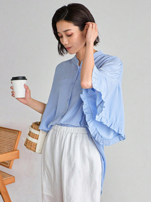 FRIFUL Blusa de encaje plisada con mangas murcielago y botones frontales para mujer, uso casual y diario