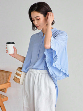 FRIFUL Blusa de encaje plisada con mangas murcielago y botones frontales para mujer, uso casual y diario