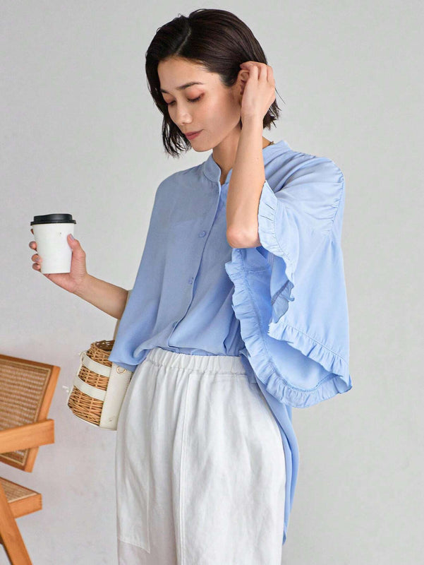 FRIFUL Blusa de encaje plisada con mangas murcielago y botones frontales para mujer, uso casual y diario