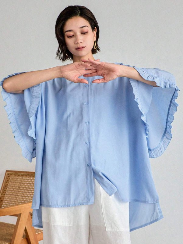 FRIFUL Blusa de encaje plisada con mangas murcielago y botones frontales para mujer, uso casual y diario