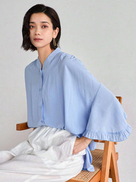 FRIFUL Blusa de encaje plisada con mangas murcielago y botones frontales para mujer, uso casual y diario