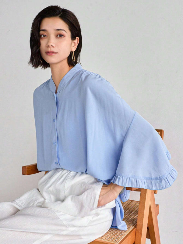FRIFUL Blusa de encaje plisada con mangas murcielago y botones frontales para mujer, uso casual y diario