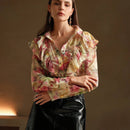 Anewsta Camisa de seda con estampado floral romantico arrugado, estilo de vacaciones para mujeres