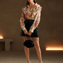 Anewsta Camisa de seda con estampado floral romantico arrugado, estilo de vacaciones para mujeres