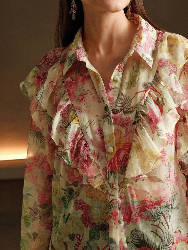 Anewsta Camisa de seda con estampado floral romantico arrugado, estilo de vacaciones para mujeres