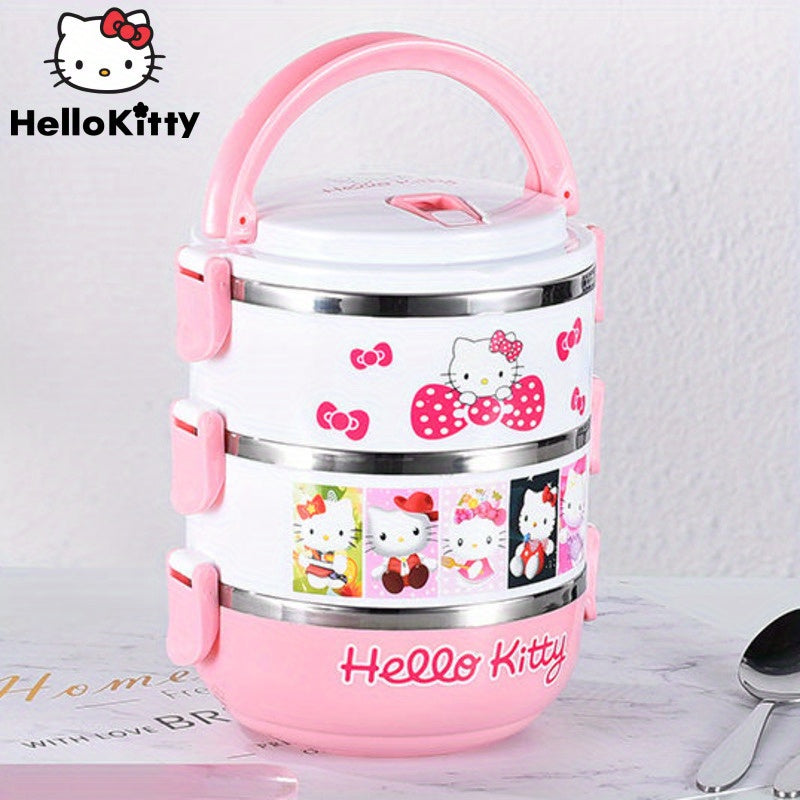 1pc Fiambrera de Tres Capas Hello Kitty, Caja Bento Aislada y Dividida, Vajilla Portátil para Oficina, Escuela y Picnics al Aire Libre