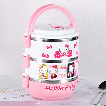 1pc Fiambrera de Tres Capas Hello Kitty, Caja Bento Aislada y Dividida, Vajilla Portátil para Oficina, Escuela y Picnics al Aire Libre