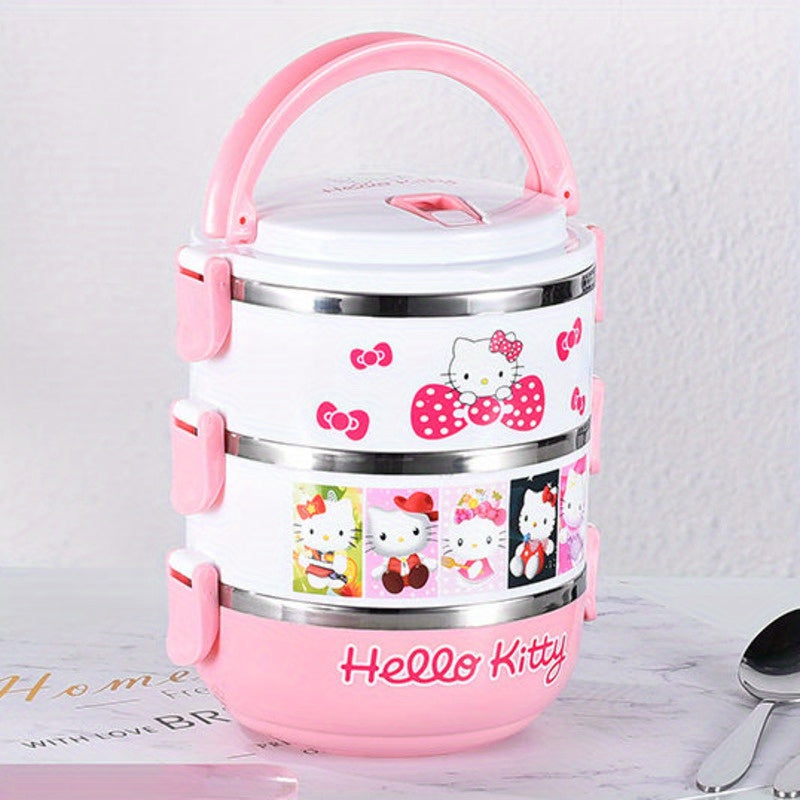 1pc Fiambrera de Tres Capas Hello Kitty, Caja Bento Aislada y Dividida, Vajilla Portátil para Oficina, Escuela y Picnics al Aire Libre