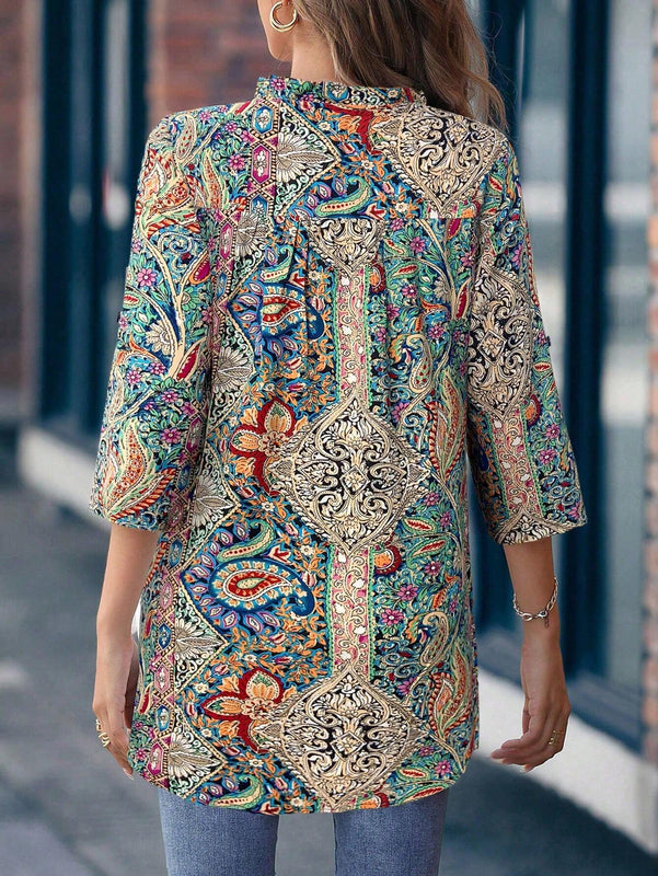 Camisa de estilo vintage de manga media para mujer con estampado