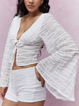 MISSGUIDED Parte superior con mangas largas abiertas con detalle de lazada y volantes texturizados