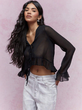 MISSGUIDED Blusa corta con volantes y vuelo transparente en dobladillo y mangas