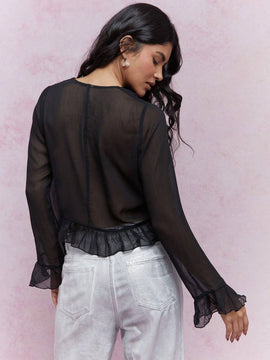 MISSGUIDED Blusa corta con volantes y vuelo transparente en dobladillo y mangas